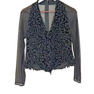 Tadashi Vintage Black Velvet Beaded Formal Top Mesh Sleeves XL Stretch‎ Elegant
